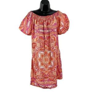 Calypso Christiane Celle Silk Off Shoulder Paisley Print Mini Dress Orange Small